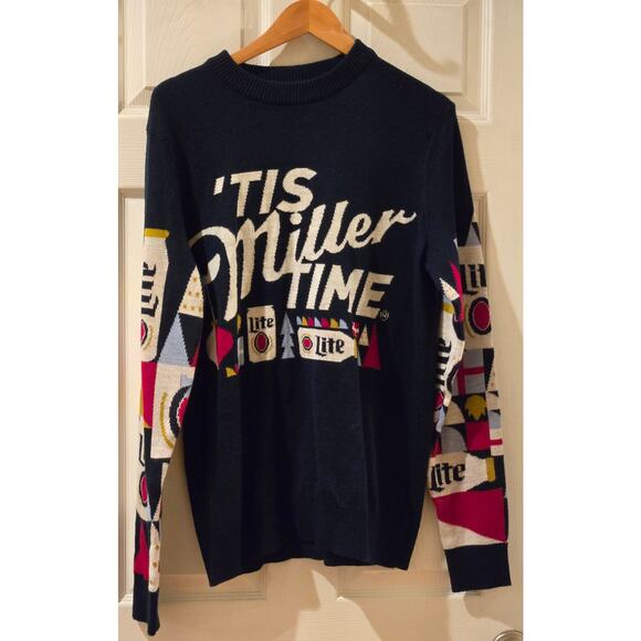 Miller Lite Ugly Christmas Holiday Sweater Mens Large Blue - Picture 2 of 10